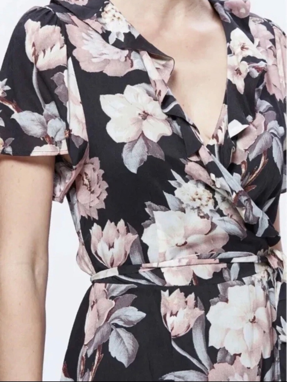 PAIGE Cardamom Floral Wrap Dress Black Evening Sand Ruffle Short Sleeve XS - Picture 3 of 15